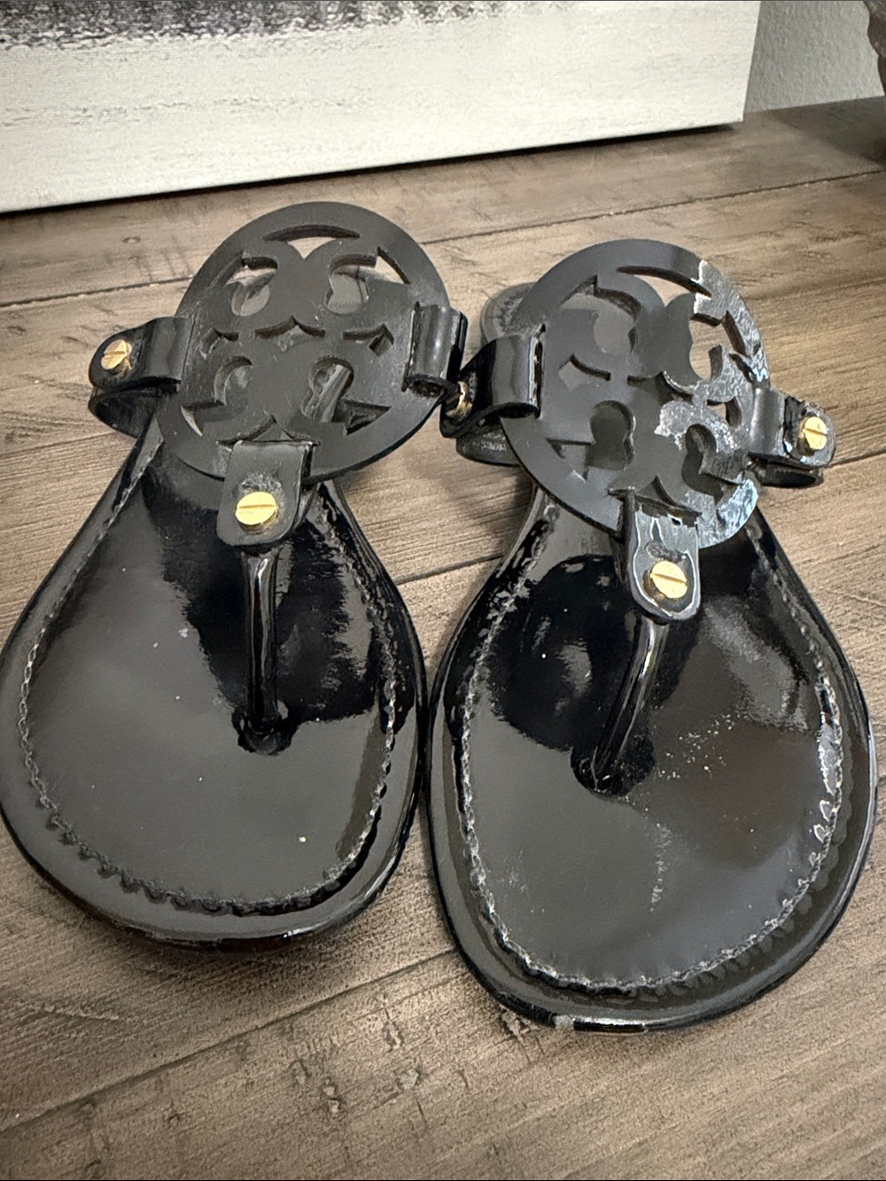 Tory Burch Black Patent Logo Thong Sandals with Gold Accents